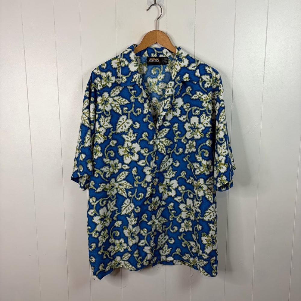 Vintage ODO Hawaii Shirt Mens XL Tiki Blue Yellow Floral Hawaiian Tribal Y2K 90s